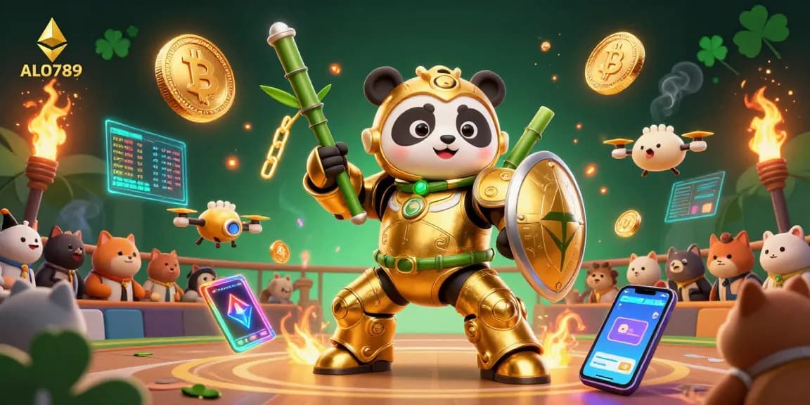 Join the action at ALO789 with a vibrant 3D illustration showcasing a mech-suit panda and gaming elements.