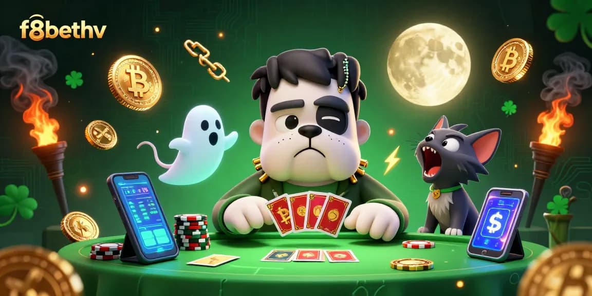 Engage in thrilling gameplay at f8bethv with a cartoon monster dealer and vibrant crypto visuals.