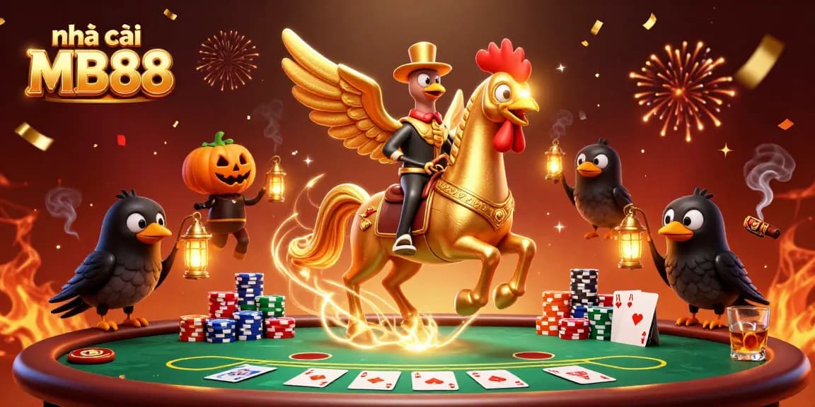 Experience thrilling action at nhà cái MB88 with a vibrant casino scene featuring poker tables and magical elements.