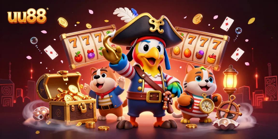 uu88 pirate casino scene with golden coins, slot reels, and adventurers capturing wins.