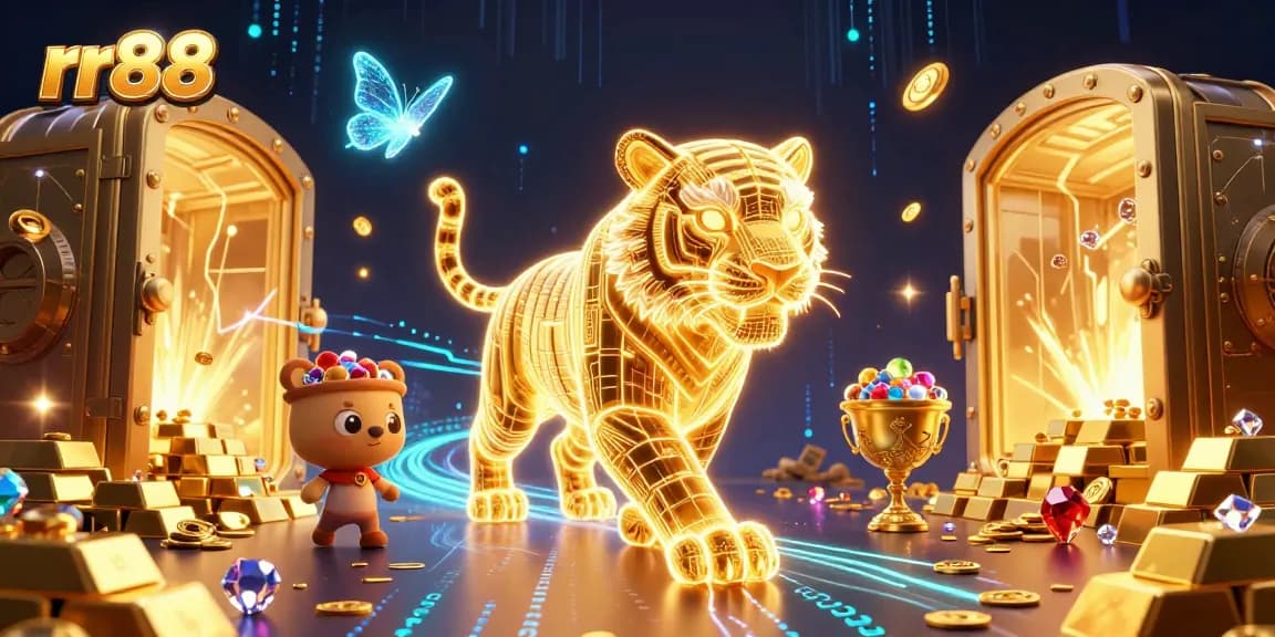 Experience thrill at rr88 with the neon tiger and treasure in a vibrant digital casino.