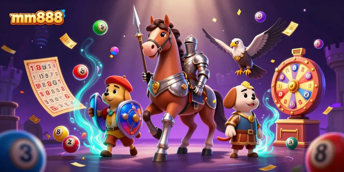mm888 offers exciting lottery games with vibrant elements and characters in a dynamic casino scene.