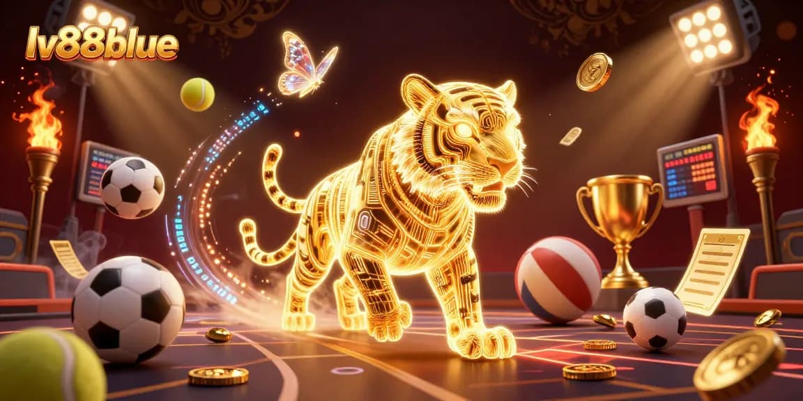 Bet big with lv88blue in this vibrant digital casino scene, showcasing dynamic sports elements.