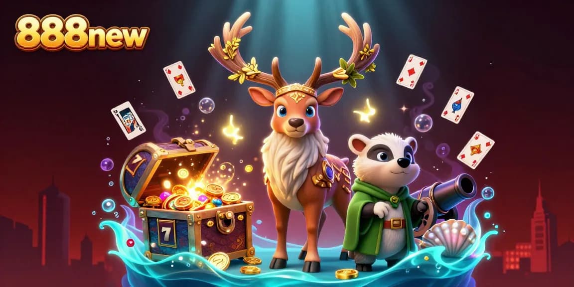 Experience thrilling wins with 888new in this vibrant 3D casino scene featuring a Celtic druid stag and lively game elements.