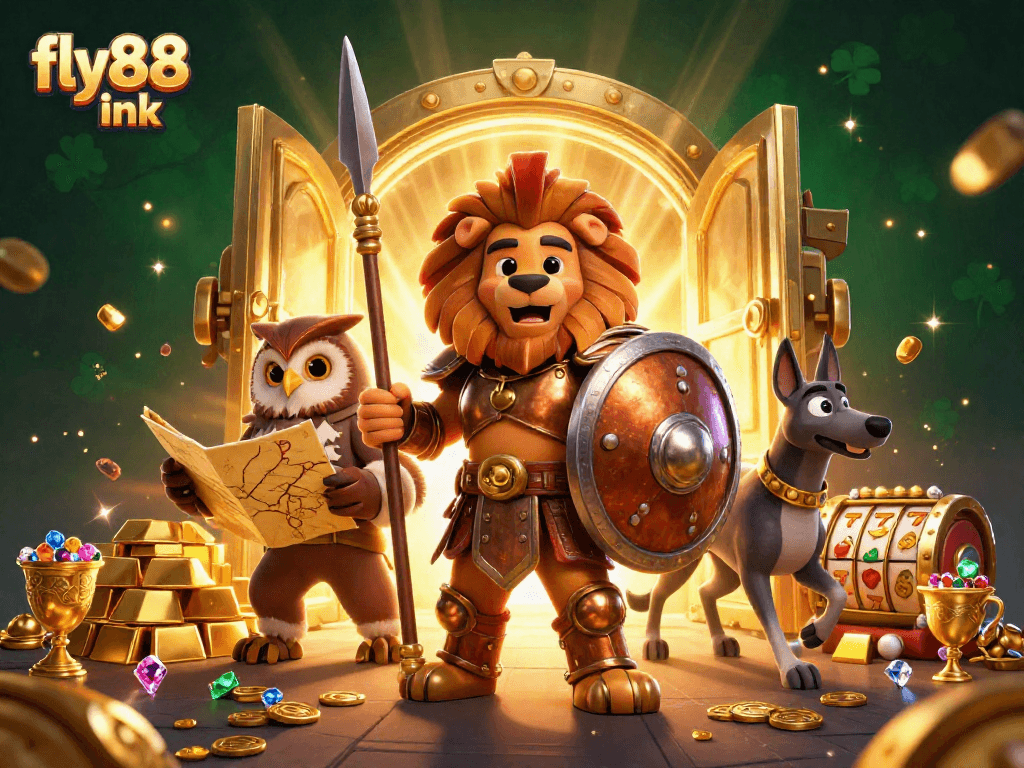 Engage with fly88 link in this vibrant 3D casino scene filled with treasures and strategy.