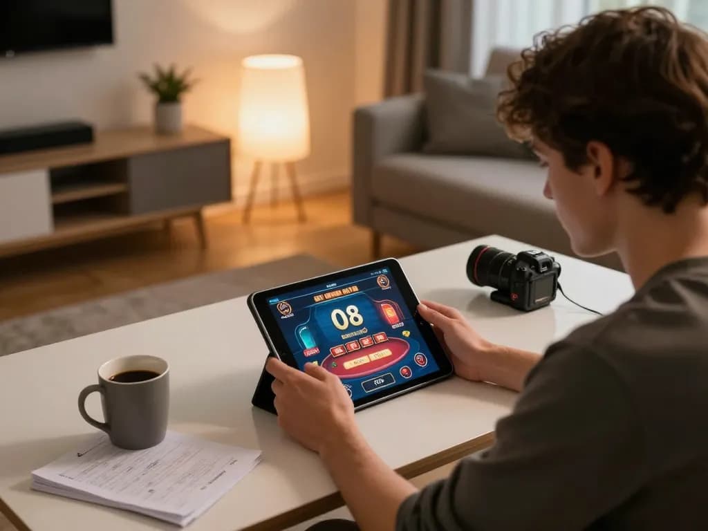 Engaging online gaming session at O8 with player focused on tablet in a cozy home.
