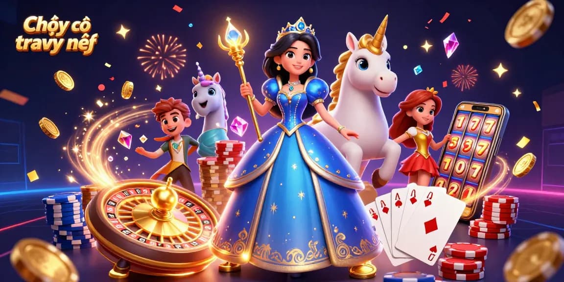 Play responsibly with Chơi có trách nhiệm in a vibrant, energetic casino scene featuring a glamorous woman and unicorn amid sparkling gems.