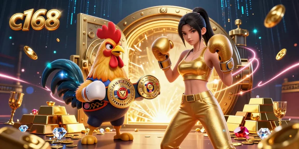 Experience the thrill of winning with c168 in this dynamic casino-themed illustration featuring championship characters and gold treasures.