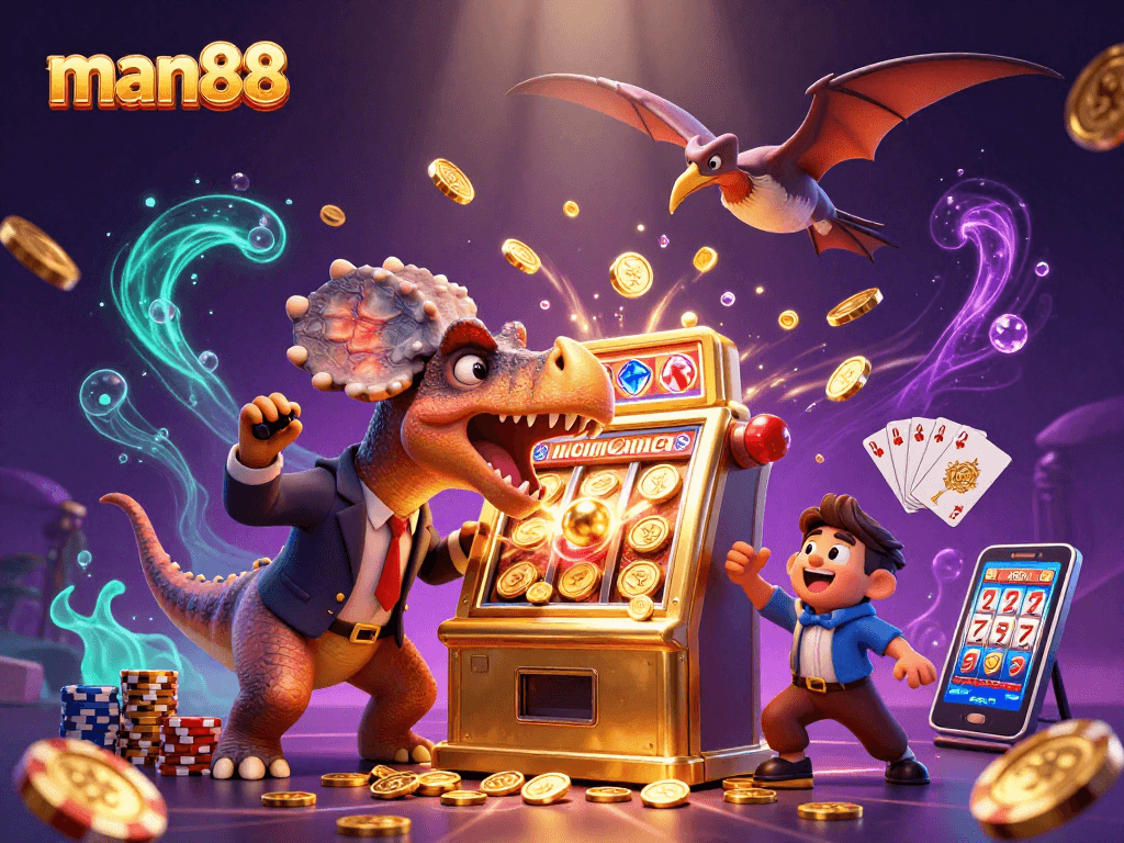 man88 slot machine jackpot scene with dinosaurs and coins flying