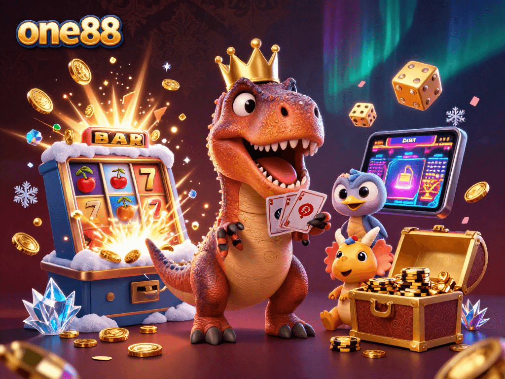 Experience a thrilling game at one88 with slots and vibrant casino characters in action.