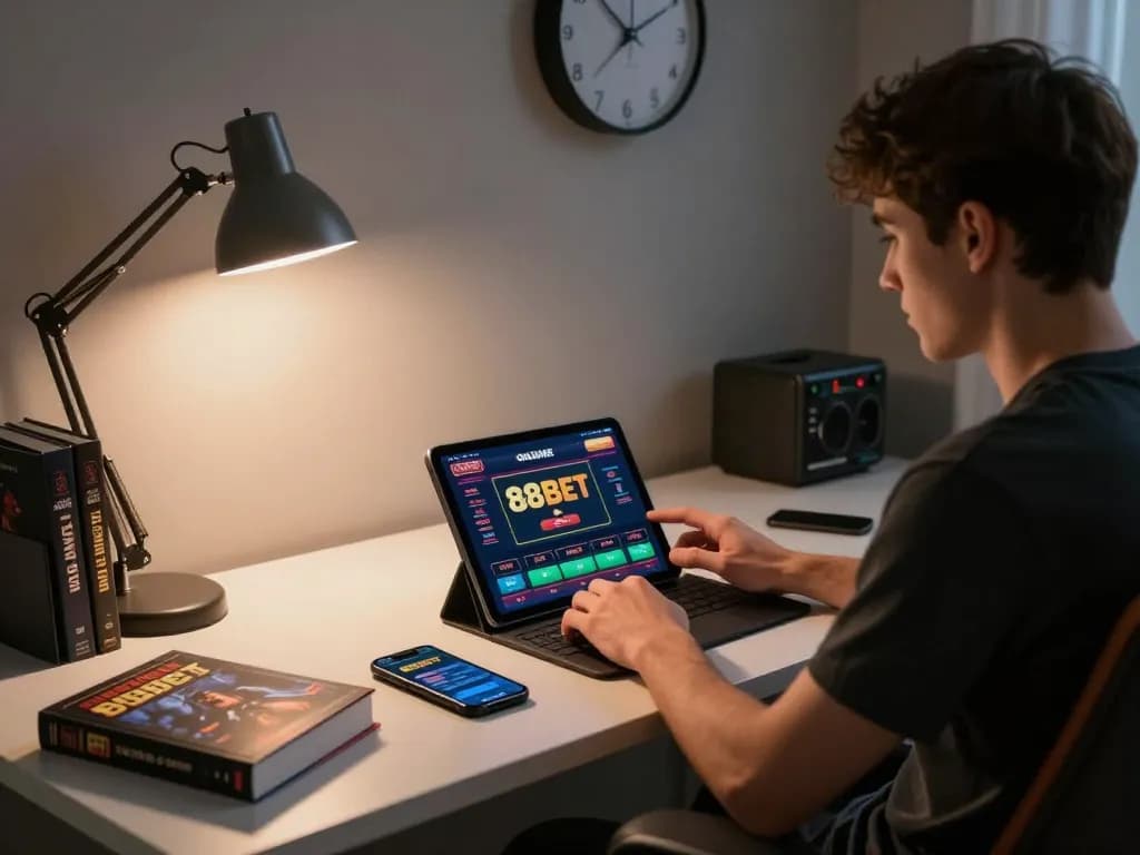 Gambling enthusiast navigating the 88BET online casino interface on tablet, showcasing strategic gameplay.