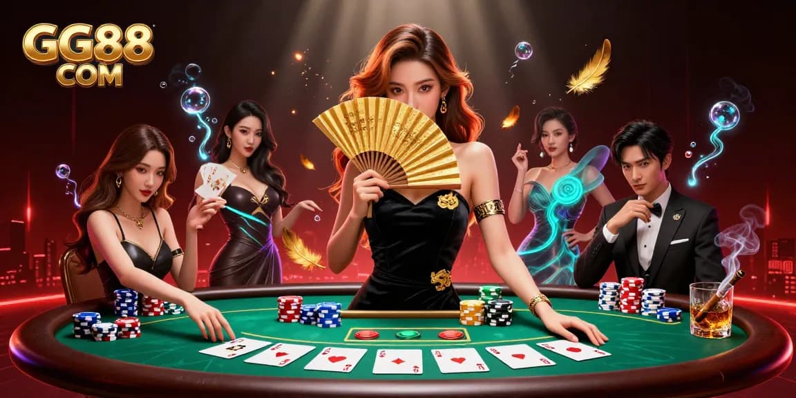 Engage with GG88 COM's vibrant casino scene featuring a beautiful Asian woman in a luxurious setting.