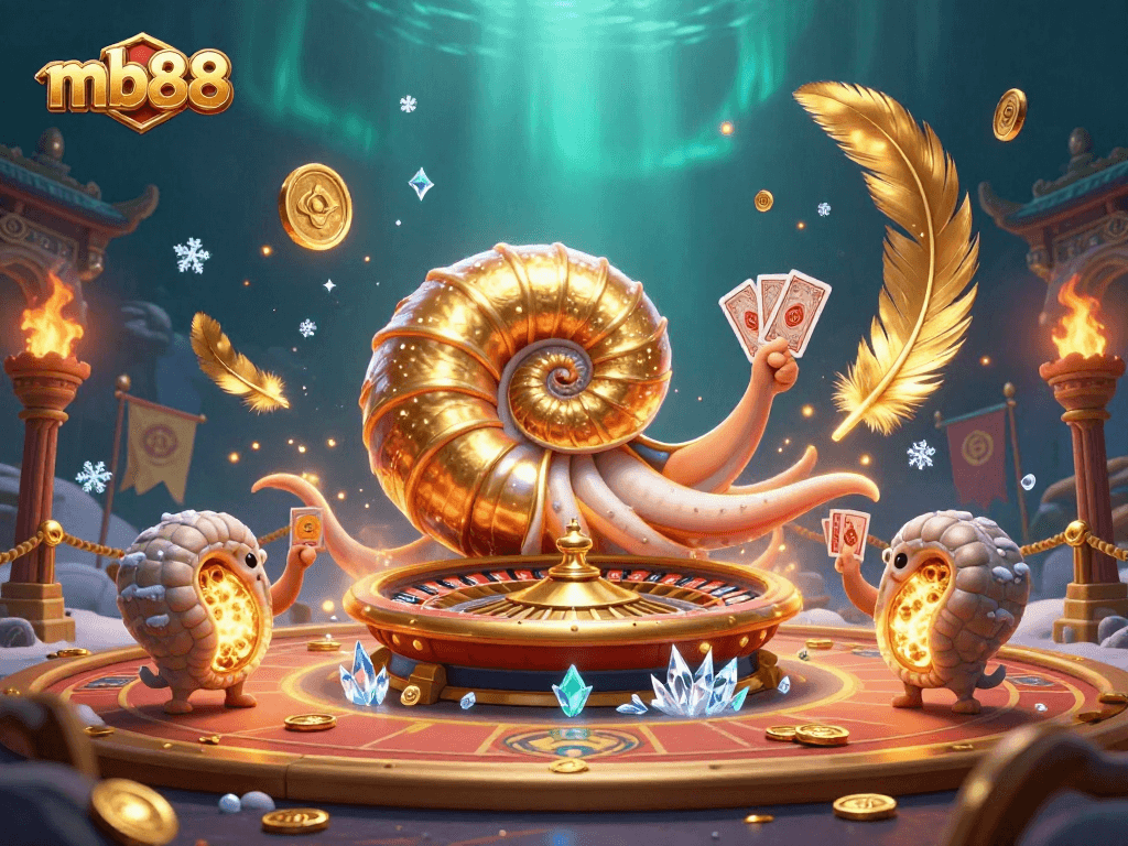 Experience the thrill of mb88 with a giant nautilus roulette wheel and glowing companions in a vibrant casino scene.