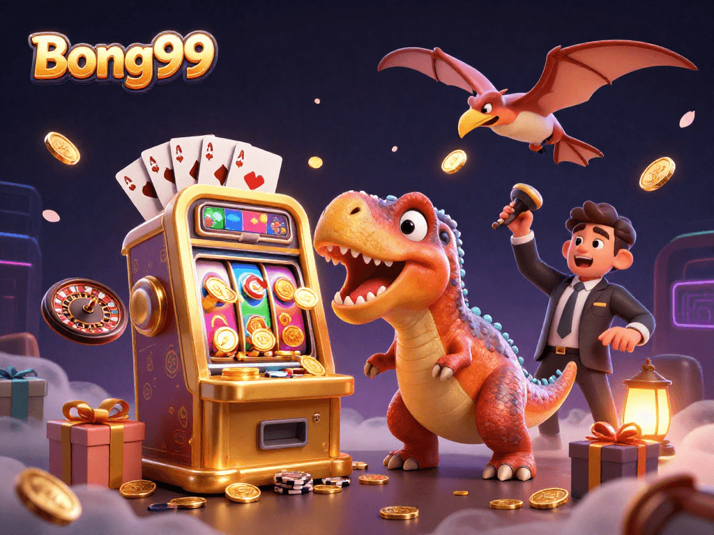 Bong99 showcases a pachycephalosaurus winning jackpot coins from a slot machine amid chaotic casino excitement.