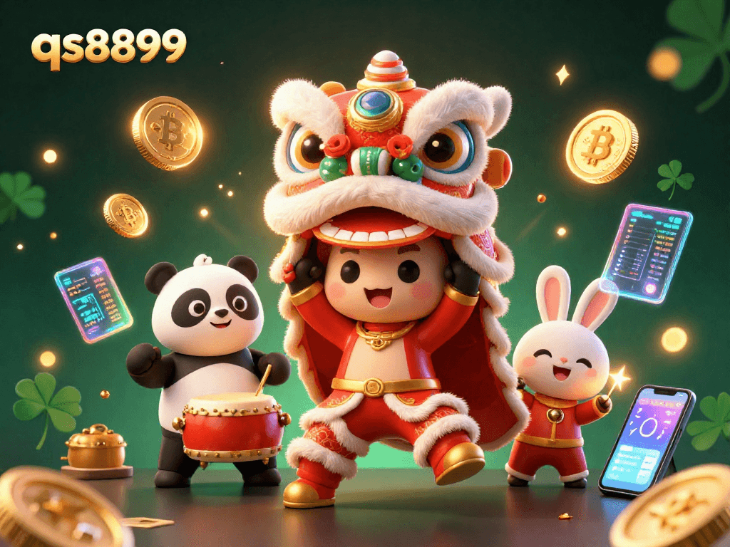 Experience exciting gambling with qs8899 as charming characters celebrate with casino-themed elements and crypto coins.