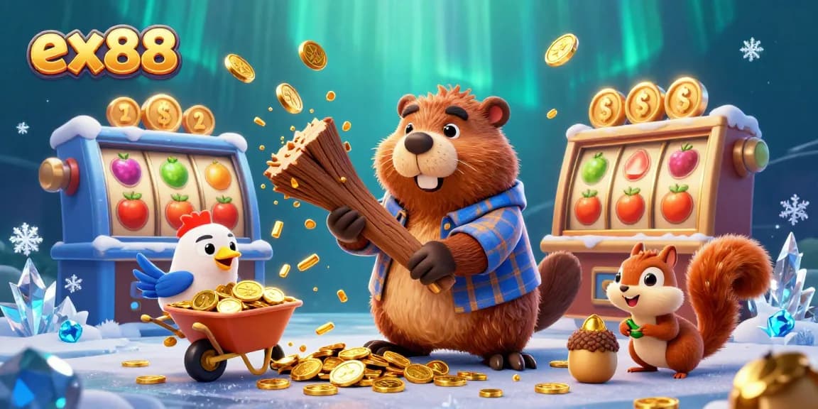 Experience ex88's thrilling slot games with animated characters in a vibrant casino scene.