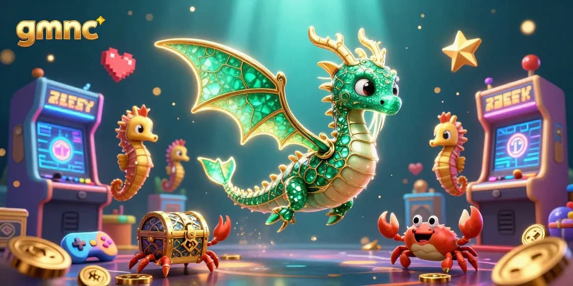 Engage in thrilling gameplay at GMNC with vibrant characters like the emerald sea dragon in a fantastical casino setting.