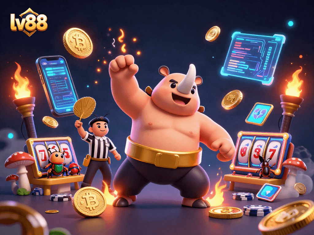 lv88 casino scene features a beetle champion amidst coins and vibrant crypto symbols.