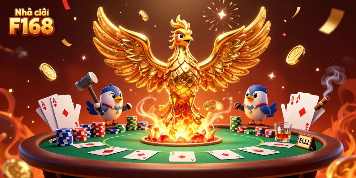 Experience exhilarating gaming at Nhà cái F168 with a vivid poker scene featuring golden phoenix and energetic elements