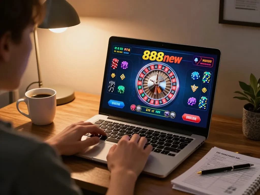 Engaging gameplay at 888new casino showing roulette wheel spinning on laptop screen.