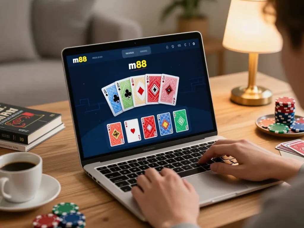 Engaging in online poker at home using the m88 link through a sleek gaming interface.