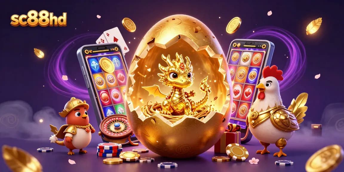 Play with sc88hd as a golden dragon emerges from a crackling egg amidst casino riches.