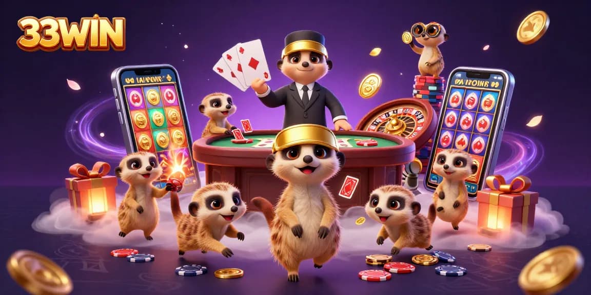 Experience thrilling action with 33WIN's dynamic casino scene featuring meerkats in an elaborate setup.