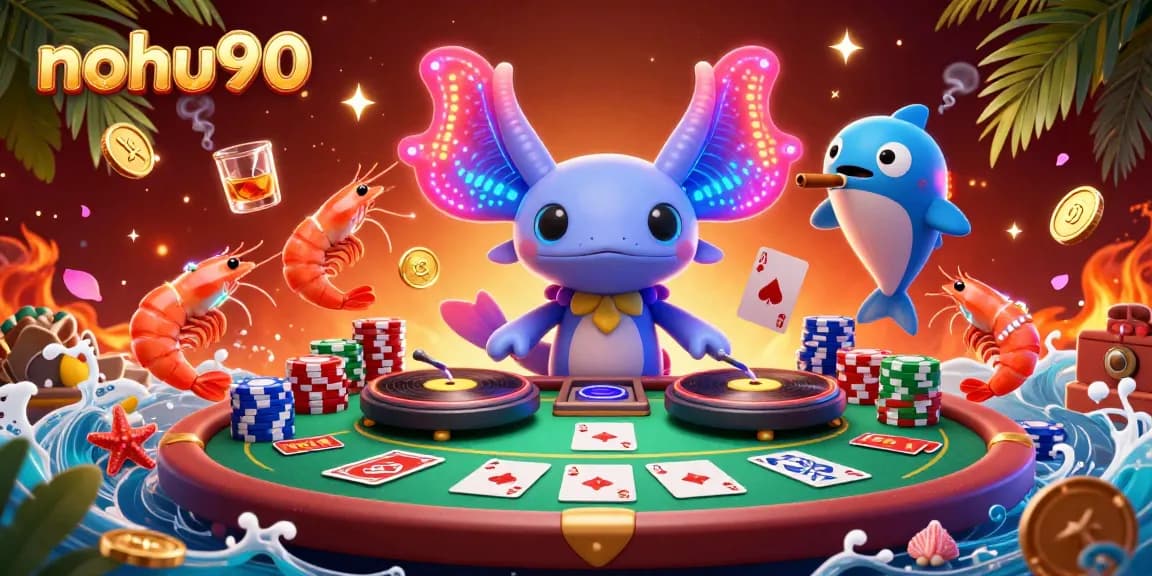 Engage with nohu90 at a vibrant casino party featuring a neon axolotl DJ.