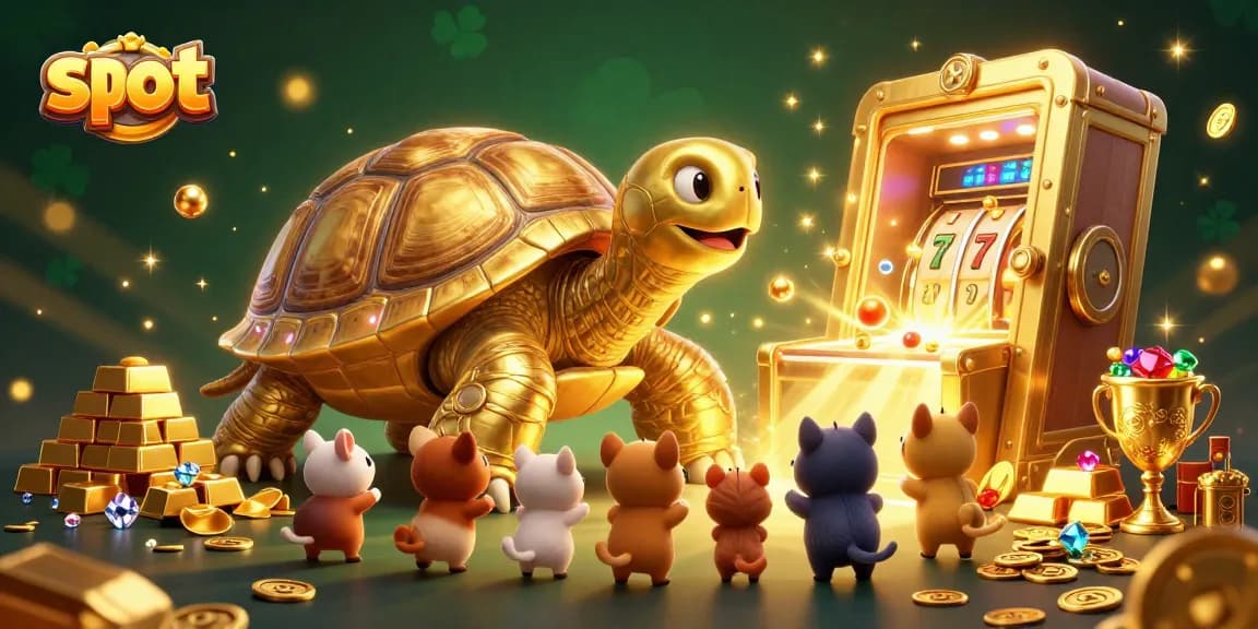 Engage with slot games featuring a giant tortoise pinball machine surrounded by treasures and excitement.