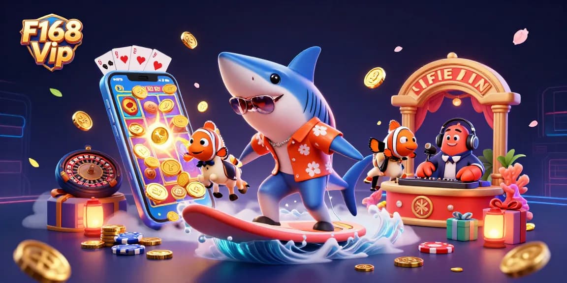 Engage in thrilling adventures with F168 Vip, showcasing a vivid 3D casino scene filled with vibrant gaming elements.