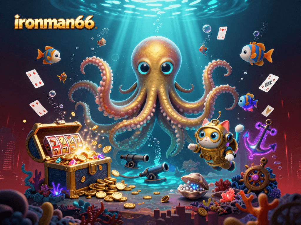 Experience thrilling slots gameplay at ironman66 with a kraken and diving cat amidst treasures.