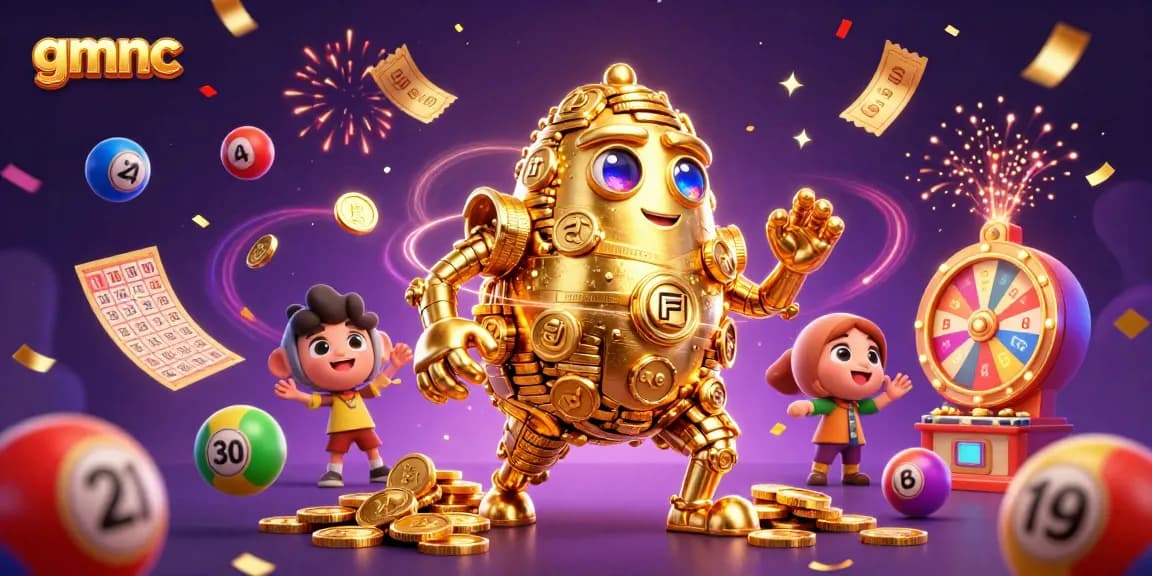 Experience the thrill of gmnc with vibrant lottery elements and a golden golem.