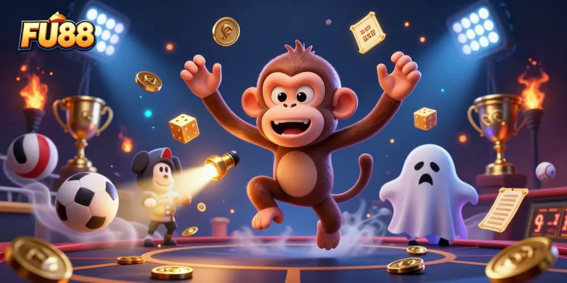 Experience thrilling FU88 gameplay as the monkey juggles golden coins in a dynamic online casino scene.