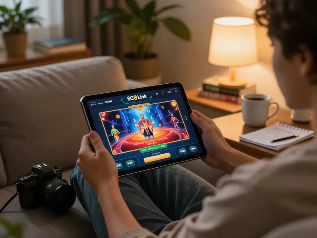 Engaging with SC88 Link online casino app in a cozy living room setting