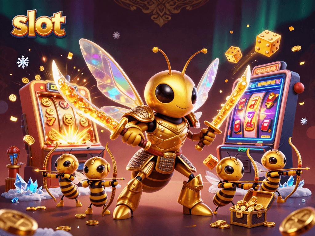 Win big on slots with a vibrant scene featuring a golden hornet and casino elements.