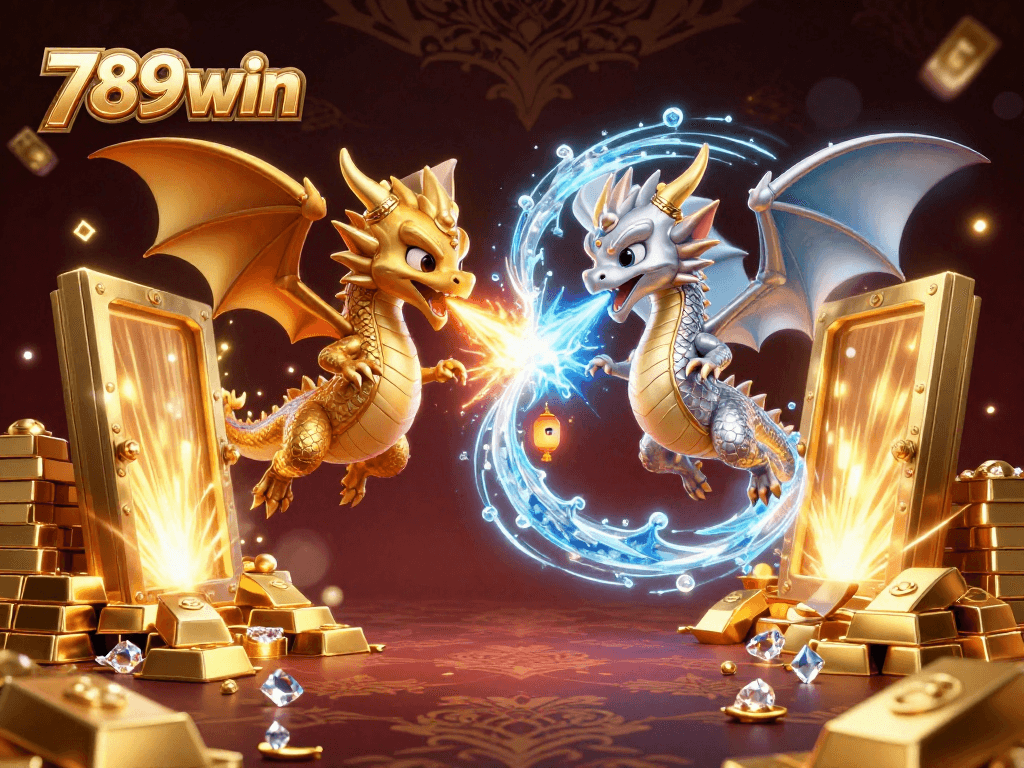 Engage with exciting 789win gaming as golden and silver dragons breathe fire and ice amidst treasure.
