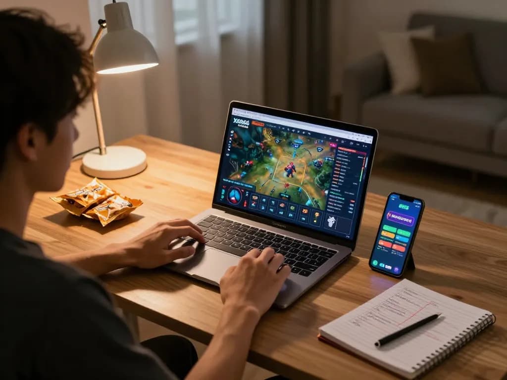 A player explores xoso66com via laptop at home, engaging in online casino gameplay surrounded by strategy notes.
