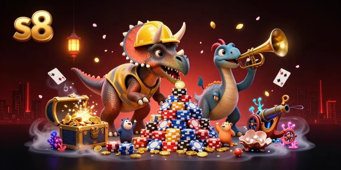 Engage with s8's thrilling casino adventure featuring cartoon dinosaurs celebrating with poker chips.