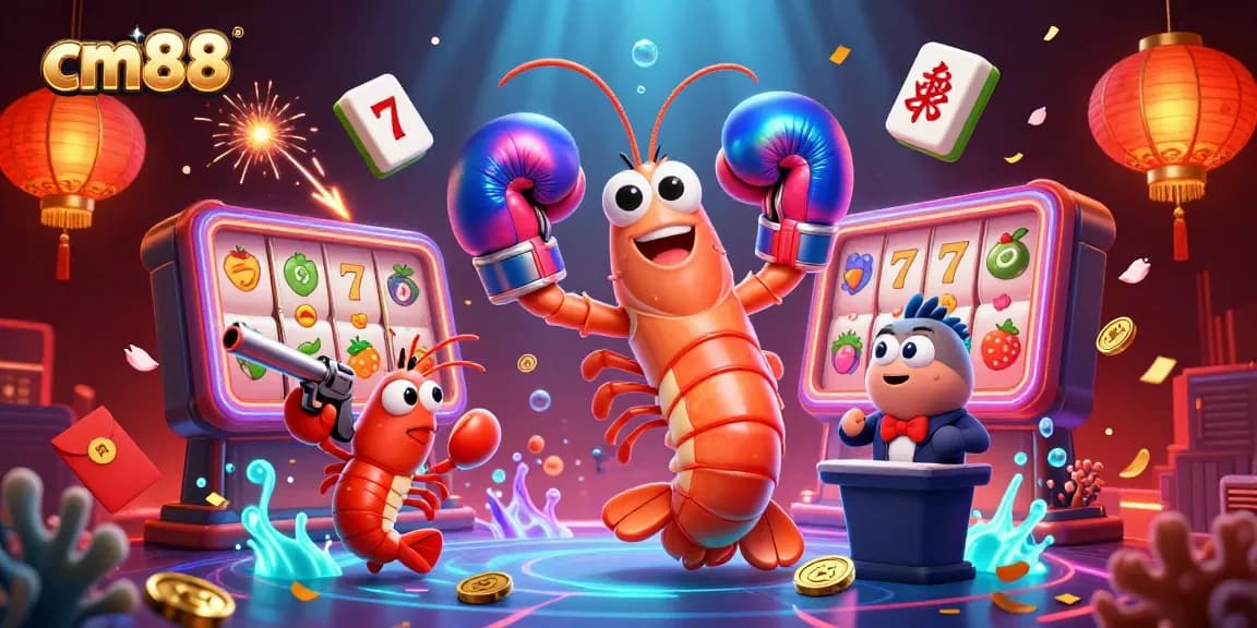 Engage with cm88's vibrant slot experience showcased through lively 3D illustration elements.