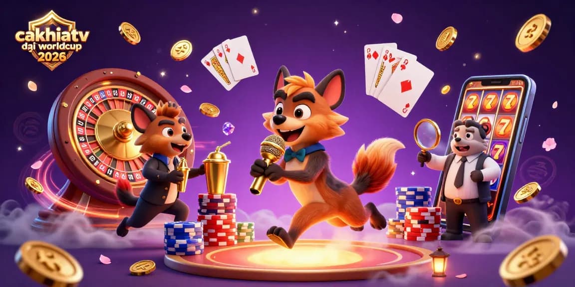 CakhiaTV trực tiếp World Cup 2026 illustration showcasing dynamic sports betting characters in a vibrant casino.