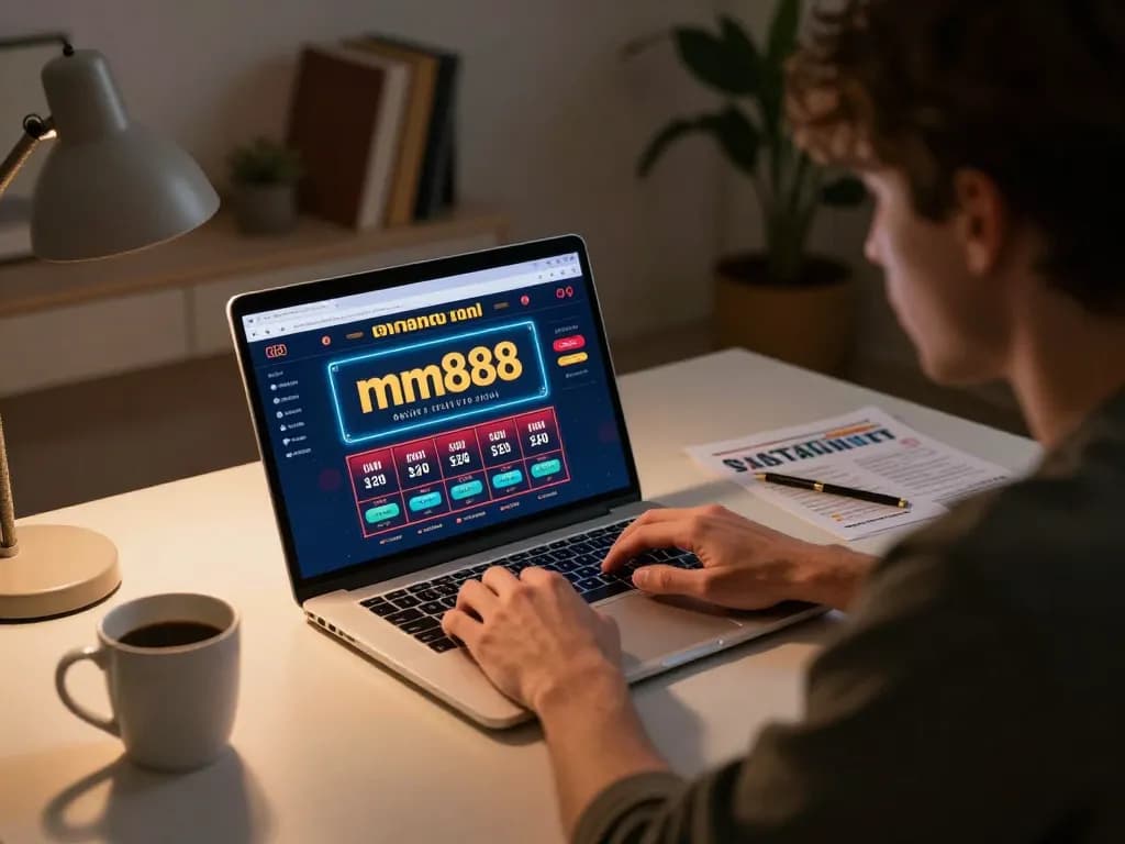 Engaged player strategizing on mm888 online casino platform with laptop and notes while enjoying a warm home office atmosphere.