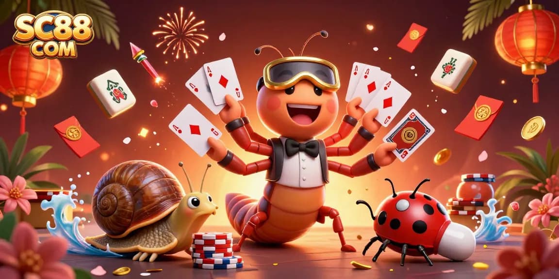 Engage with SC88 COM at thrilling online gaming, featuring a lively millipede dealer and vibrant game elements.