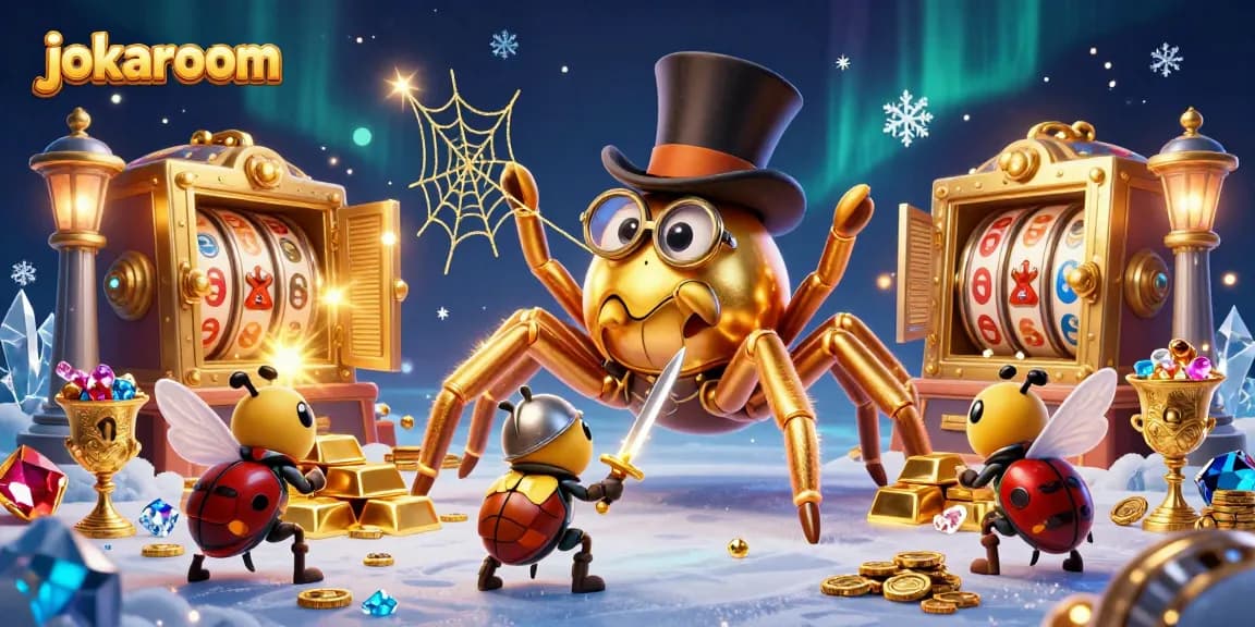 Engaging scene of jokaroom's vibrant casino world featuring a golden tarantula and beetle knight.