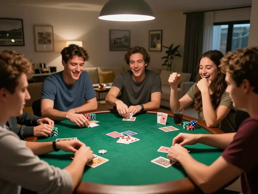 Friends enjoy a lively poker night while discussing kèo nhà cái 5 strategies over a green felt table