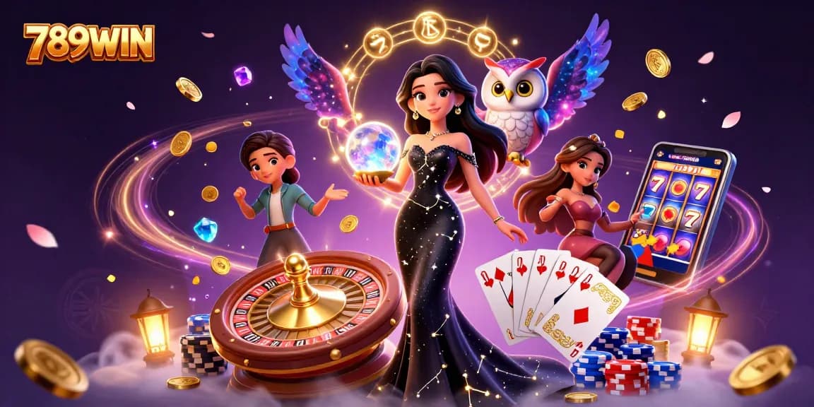 Engage in thrilling games at 789WIN, showcasing a mystical woman, owl, and casino elements.