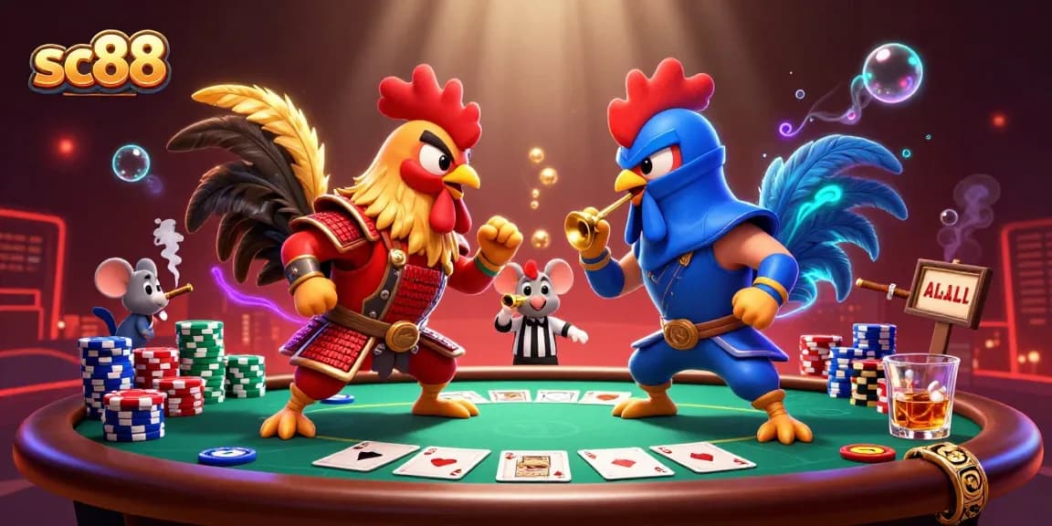 Experience thrilling action at SC88 with dynamic fighting rooster characters in a dramatic casino setting.