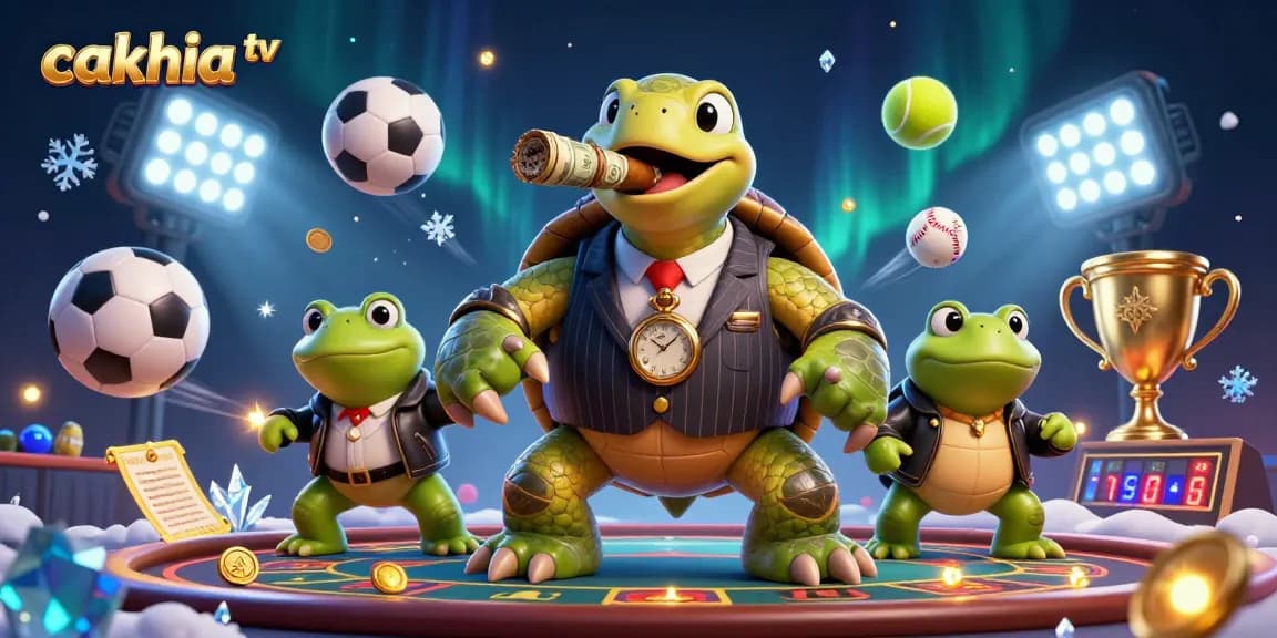 Cakhia TV features a massive snapping turtle in a poker scene with bullfrog enforcers and dynamic sports elements.