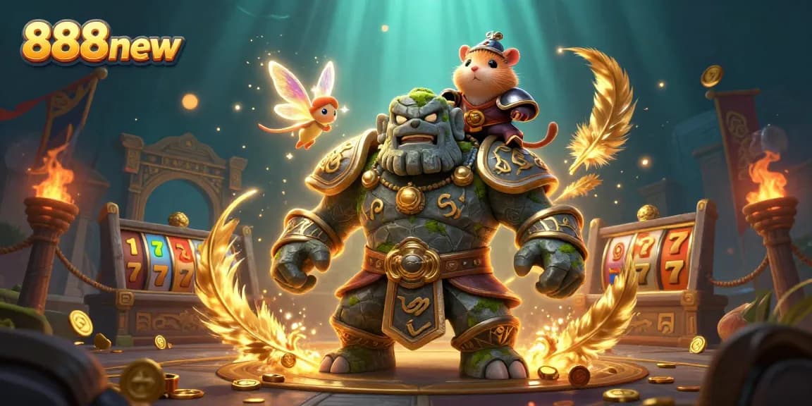 Experience thrilling jackpots with 888new's dynamic gaming scene featuring a golem, fairy, and hamster knight.