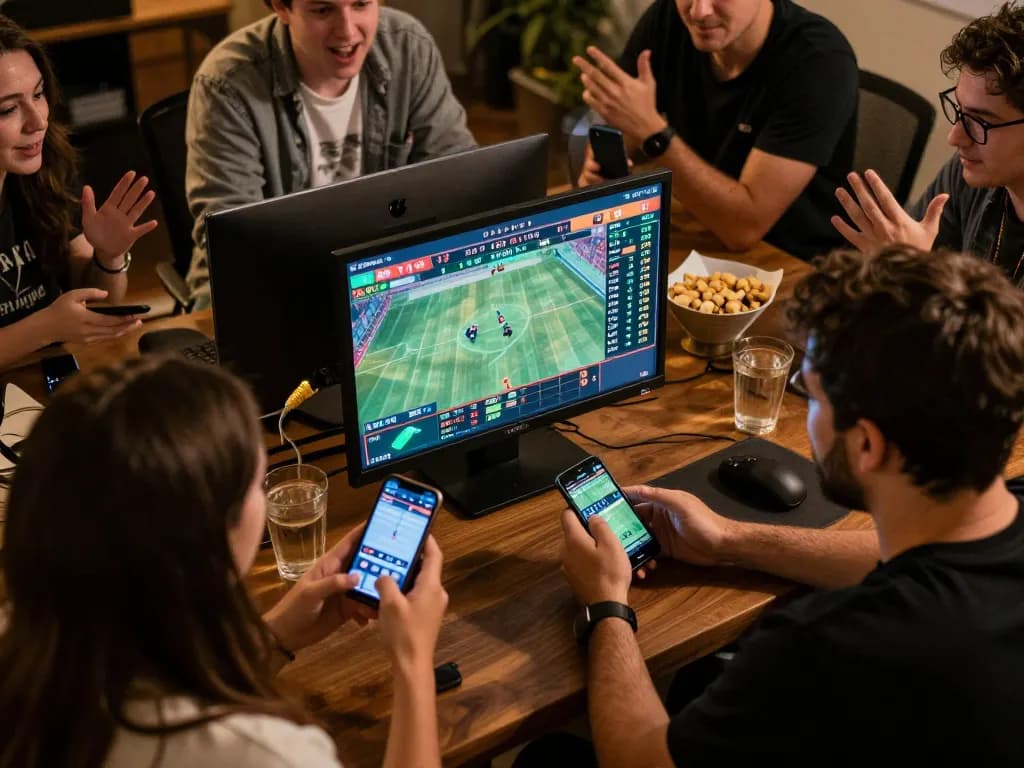 Engaged bettor using the ZOWIN app for live sports betting, surrounded by friends.
