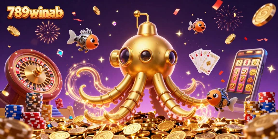 Experience a thrilling underwater adventure with 789winab, showcasing a golden kraken submarine amidst cascading coins and casino elements.